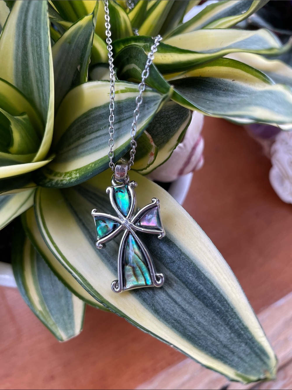 Abalone Inlay Cross Pendant Necklace - Iridescent Green